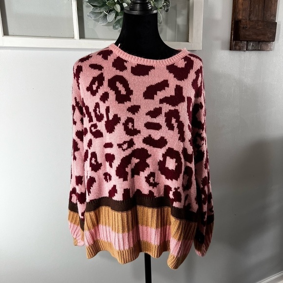 Promesa LEOPARD PATTERNED Thick KNIT Tunic Oversized SWEATER Bubble Sleeve M/L - Picture 7 of 9